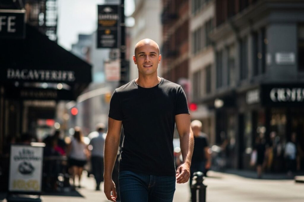 head shaving man on street. 3-minute head shaving routine