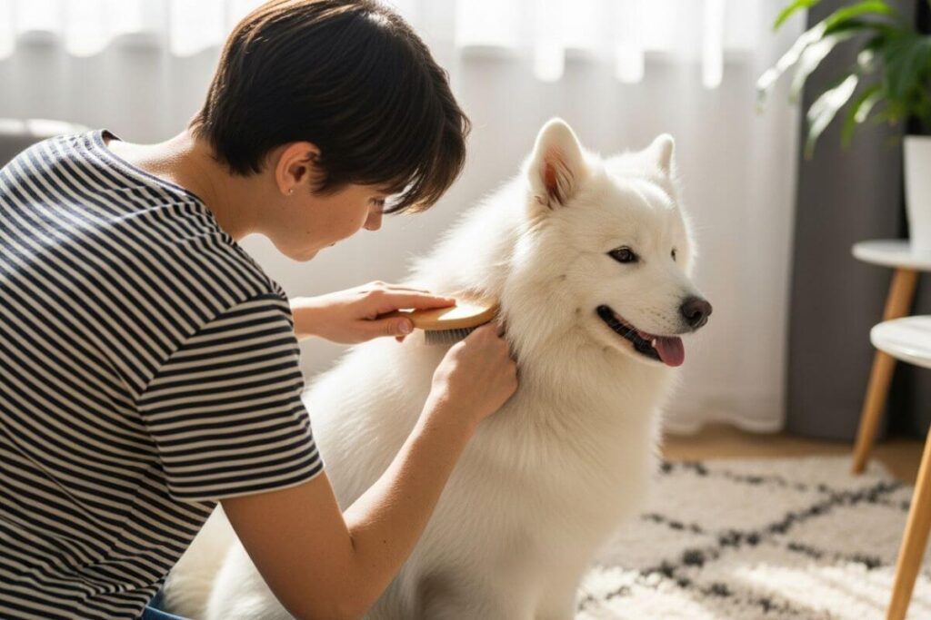 Woman brushing her dog. How to groom your dog like a professional in home