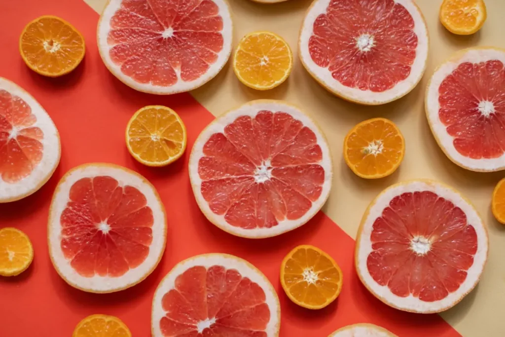 orange and grapefruit slices on a background of warm colors