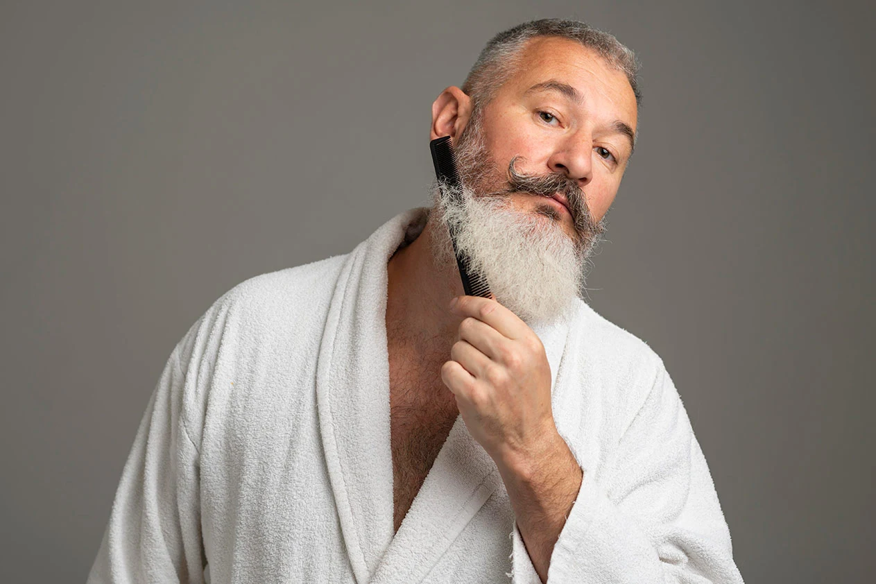 A man with a long gray beard combing his hair. He wears a robe.
