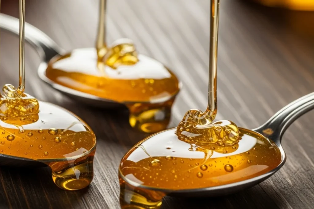 three spoons with honey. The honey is being served in each one.