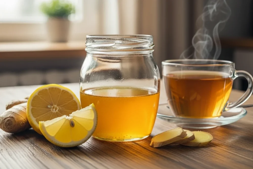 On a table, you can see a jar of honey, a steaming hot drink, pieces of lemon, and ginger.
