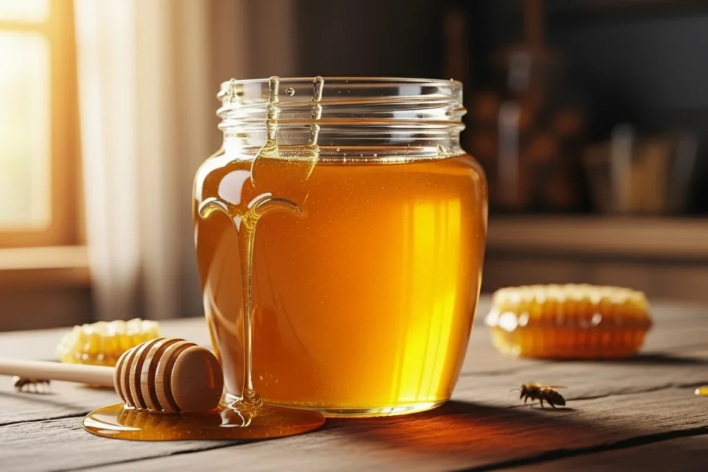 A jar of honey on a table. Bees and part of a honeycomb can be seen on the table.