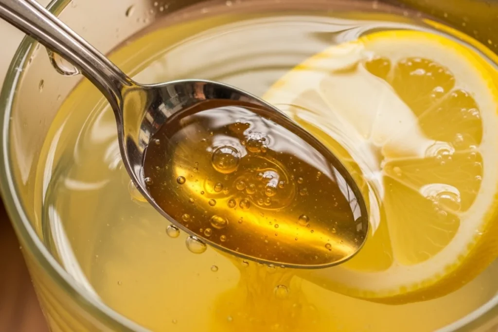 A glass with a mixture of water, honey, and lemon. A spoon with honey is visible.