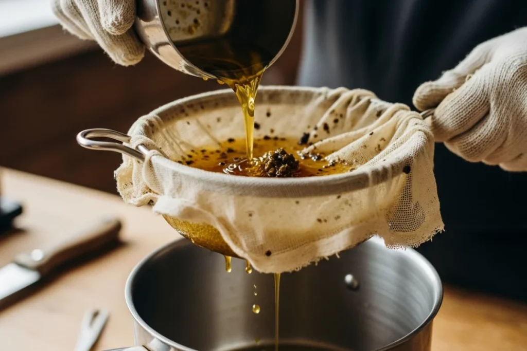 You can see gloved hands sifting beeswax to remove impurities.