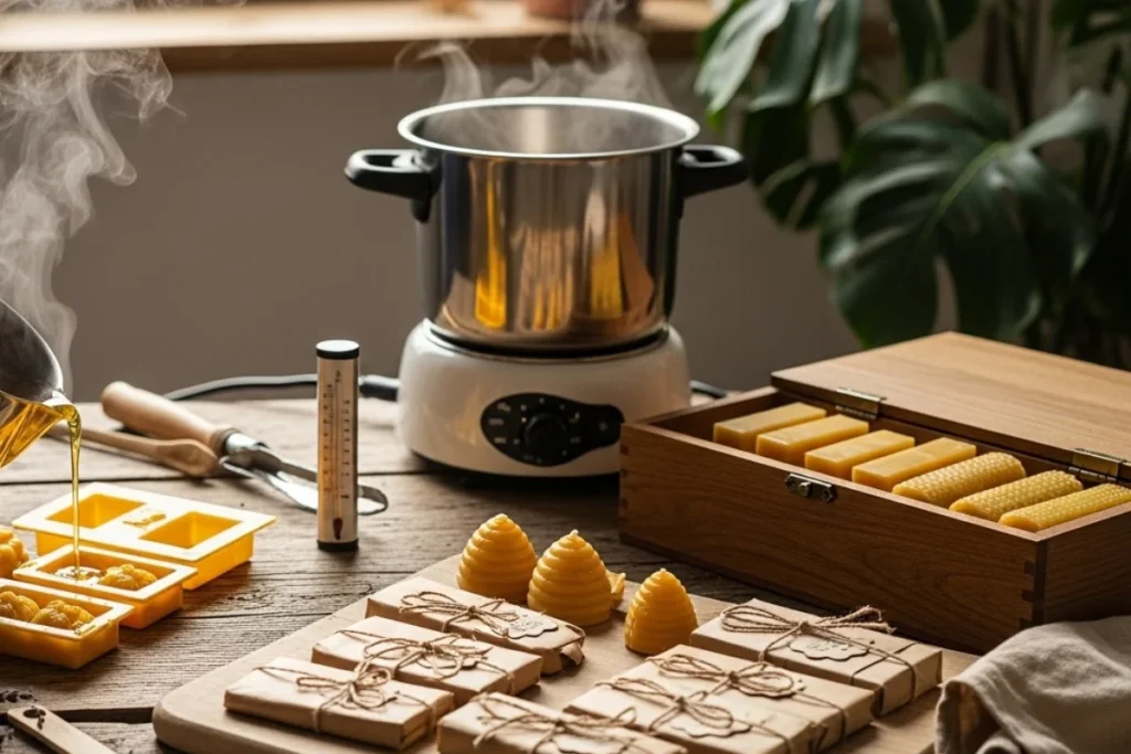 A steaming pot on a table, surrounded by various molds and blocks of wax in different shapes.