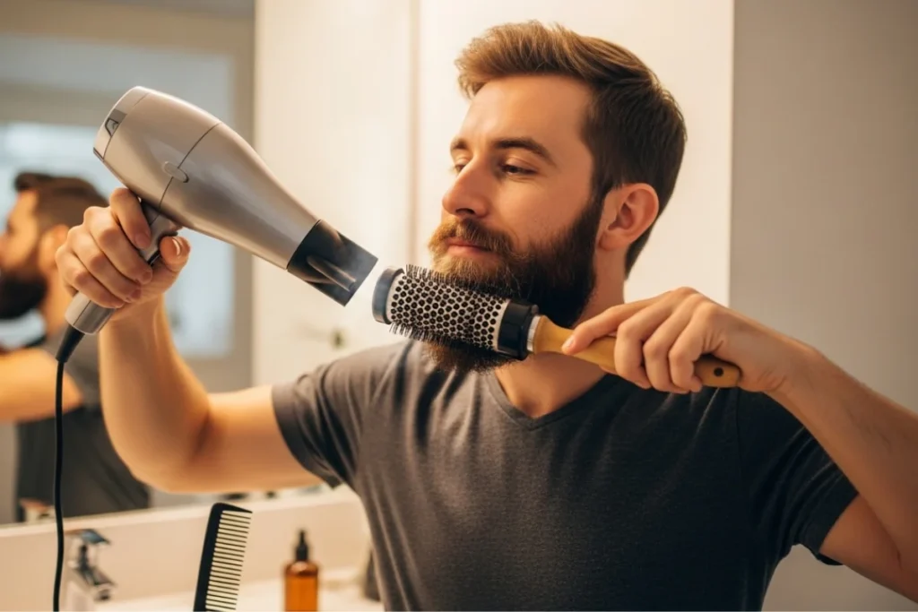 Man in a bathroom looking to one side while drying his beard with a hair dryer and brush