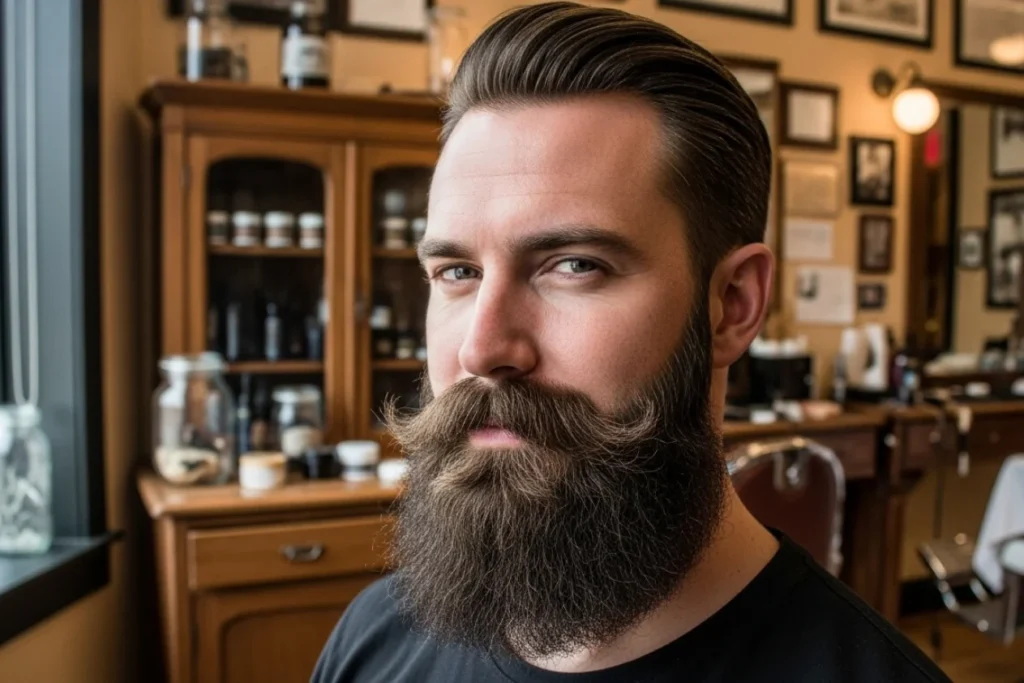 close-up of a man's face with a beard and mustache