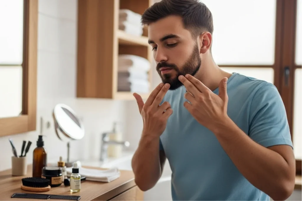 Man applying products to his beard for treatment