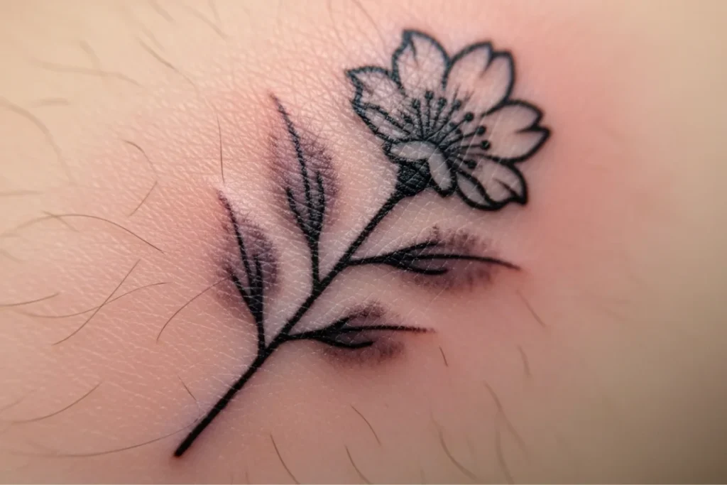 Black line tattoo of a flower.