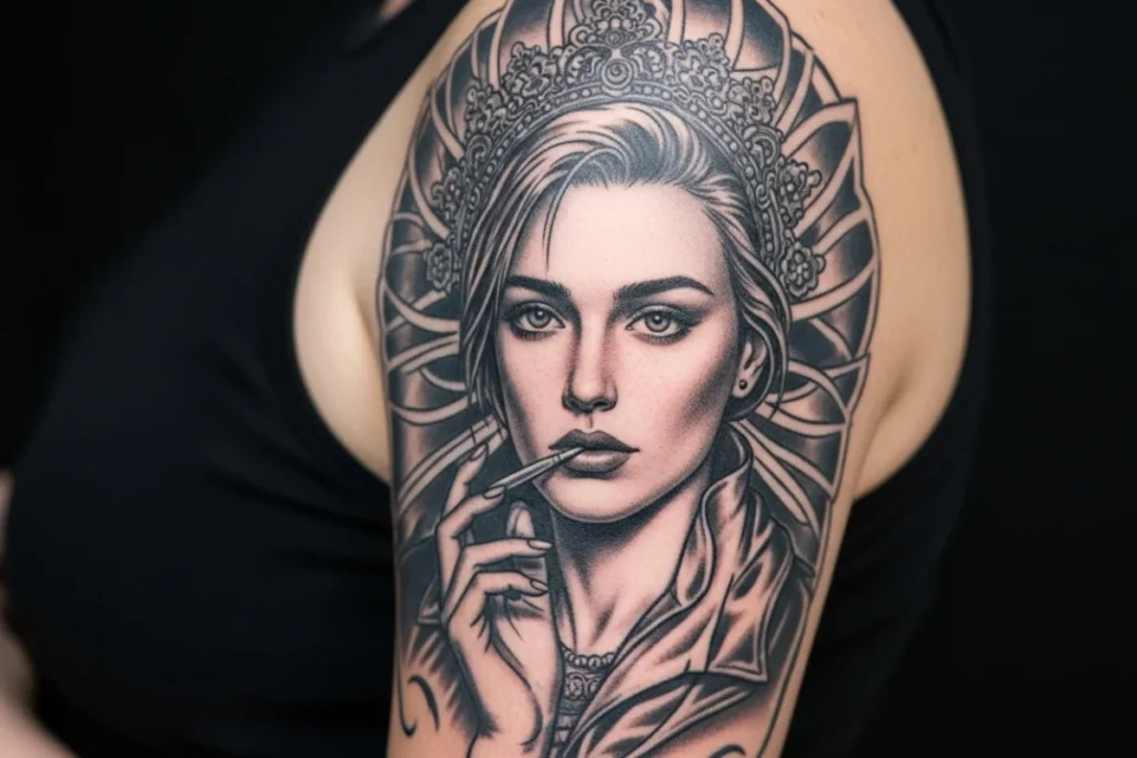Black ink tattoo on one arm. The design is a realistic depiction of a woman with embellishments around her.