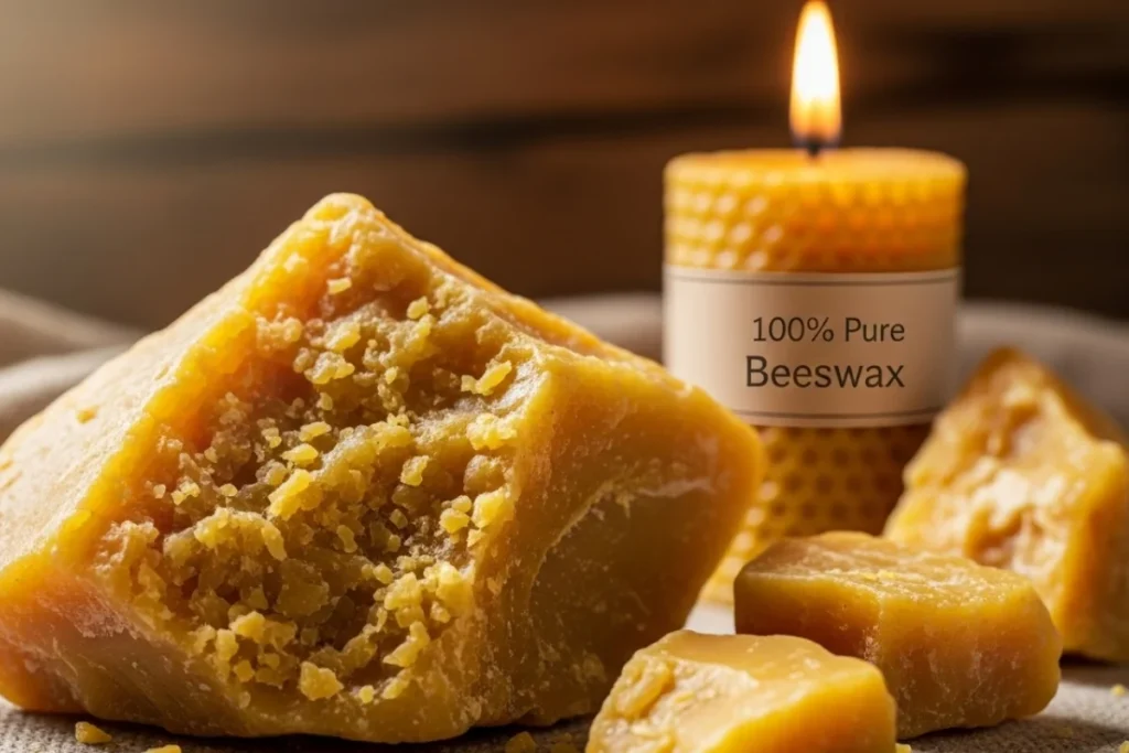 blocks of natural beeswax. In the background, you can see a lit beeswax candle with a label that reads "100% pure beeswax".