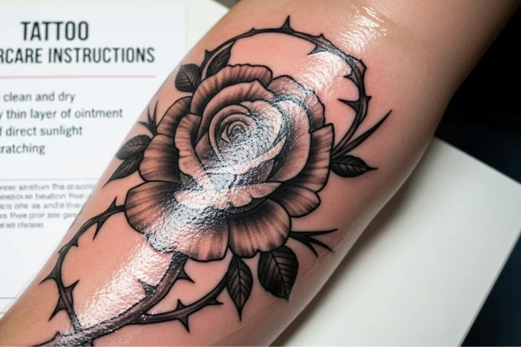 tattoo on one arm of a rose and thorns.