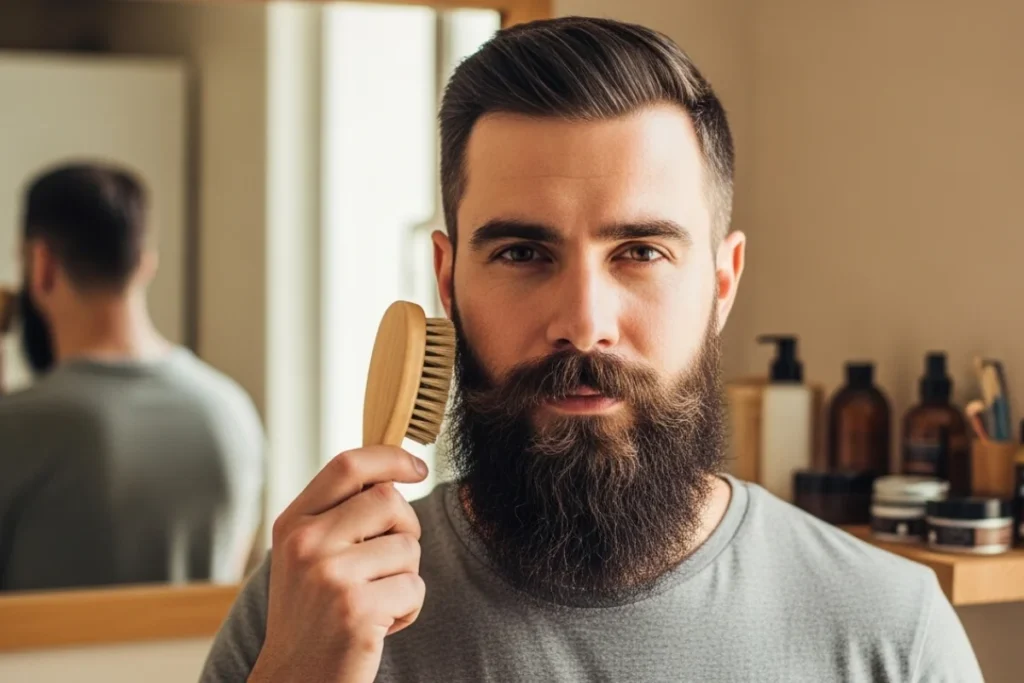 Man in a bathroom with a mirror behind him, looking directly at himself while combing his beard.